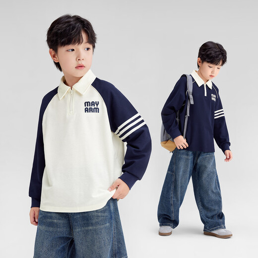Zuoxi Boys Long Sleeve T-Shirt 2026 New College Style POLO Shirt Children Boys Big Children Base Spring Navy Blue 150