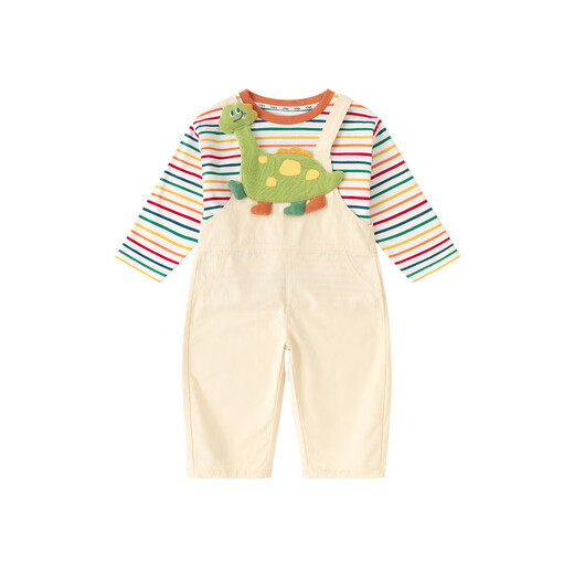 Dudu baby set autumn children's striped T-shirt overalls two-piece set boys long-sleeved tops girls cartoon pants denim blue 90