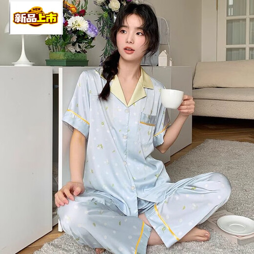 初径冰丝睡衣女士春秋夏季短袖长裤薄款凉感感甜美爱心家居服 套YFY9905# M 【建议80-100斤】