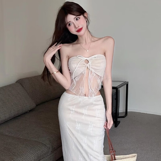 Fu Jian bikini swimsuit for women in Thailand niche lace tube top split vacation sexy slim long skirt hot spring set split three-piece set off-white one size fits all 80-120 Jin Jin is equal to 0.5 kg