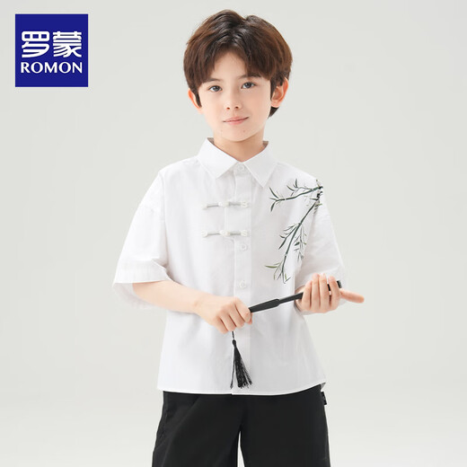 Luo Meng Children's New Chinese Style Bamboo Short Sleeve Shirt Summer Boys National Style Shirt Boys Middle and Large Children Ancient Style Versatile White Short Sleeve New Chinese Style 100% Cotton 150 cm Recommended Weight 70-92Jin Jin is equal to 0.5 kg