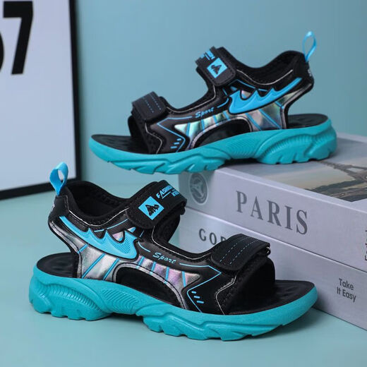 Children's shoes 6-12 years old, summer breathable sandals, boys' students' beach shoes, lightweight and handsome, new style, non-slip and wear-resistant, 1901 black gray, size 34/inner length 217cm