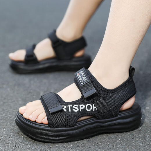 Boys Sandals 2025 Summer New Hollow Children's Beach Shoes Soft Sole Non-Slip Handsome Middle and Large Children Open Toe Sandals HBL2507/Black Size 38 Standard Size
