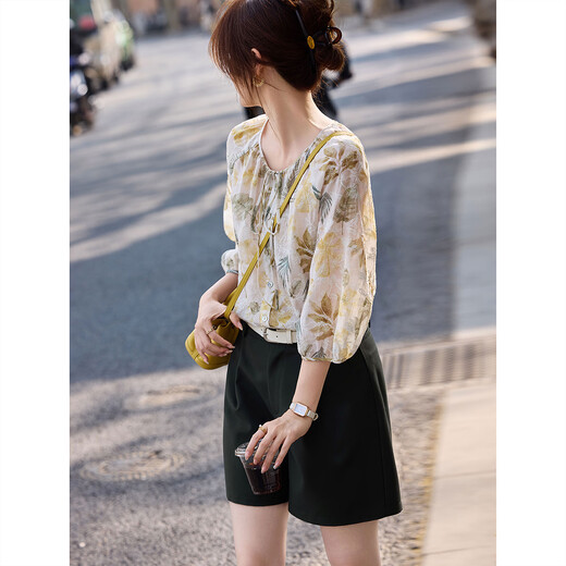 Awakening Paradise Summer Forest Style Super Fairy Design Niche Top Long Sleeve Floral Shirt Belt Shorts Two-piece Suit Women Dark Green S
