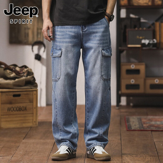 JEEP SPIRIT High Street Stylish Jeans Men's Summer Trend Brand American Workout Straight Loose Wide Legs Men 691 Light Blue 28 [90-100Jin [Jin equals 0.5 kg]]
