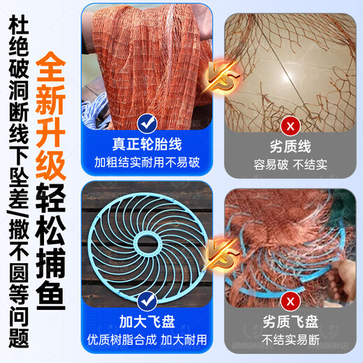 Dilimo cast net, hand-thrown fish net, fishing net, Frisbee net, Frisbee fishing net, tire line fishing gear, fishing net spin net, chain weighted version, tire line Frisbee net - 1 finger, diameter 7.2 meters - height 3.6 meters