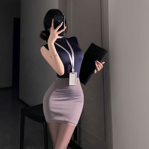 Secretary Professional Hot Girl Outfit Office Cosplay Uniform Pajamas Pure Desire Hip Skirt Suit Women's One Size 8 Dark Gray - Secretary Top Skirt Chest Tag Thong