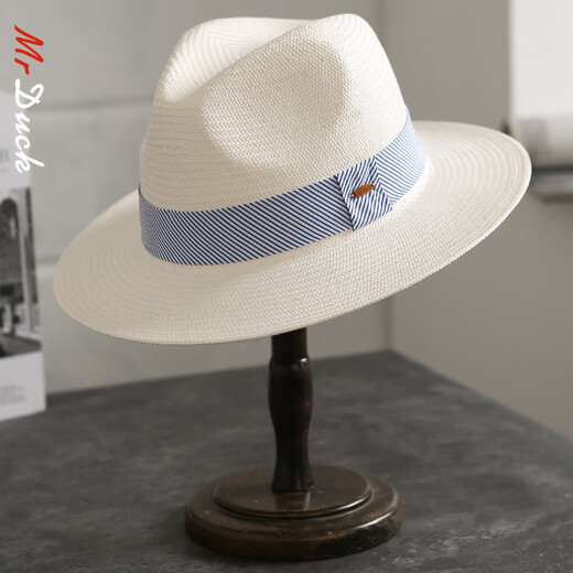 Mr DUCK's new product, handmade fine three-quarter grass white Panama straw hat for men and women, summer large-brimmed jazz beach hat with big head MS226236-khaki_empire blue ribbon (extra size (over 61cm, only for extra large head circumference)