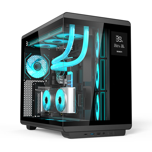 Shuoyi Kunpeng CH1+ ordinateur de bureau châssis ATX écran transparent latéral blanc affichage numérique salle de vue sur la mer 360 écran LCD refroidi à l'eau carte graphique enfichable verticale Kunpeng CH1+ écran d'affichage numérique noir spot SF Express