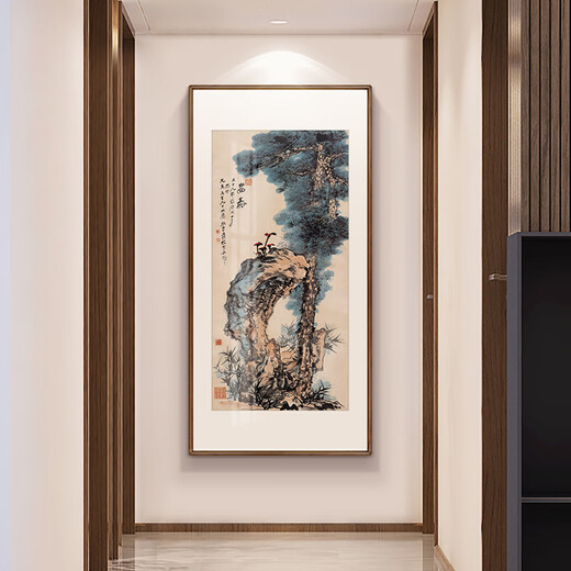 Xuanmutang entrance decorative painting New Chinese style ink landscape painting hanging painting study living room tea room corridor aisle entrance landscape painting Zhang Daqian <Landscape Tune> Finished product width 70cm * height 140cm Indonesian Sapele (mortise and tenon rounded corners)
