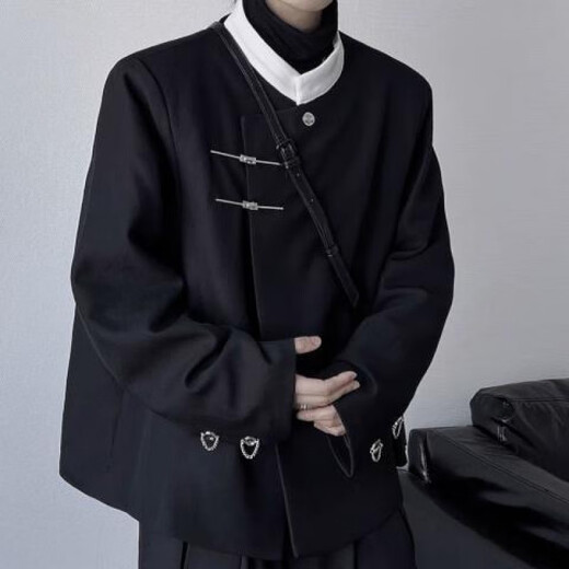 An Chuxia new Chinese style stand collar shoulder pad suit jacket men's spring and autumn trend niche design metal buckle casual suit black + black bottoming shirt + black trousers XL recommended 170-180c130-145Jin Jin equals 0.5 kg