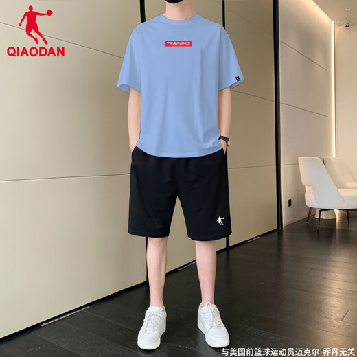 Jordan costume de sport hommes 2025 été nouveau coton respirant à manches courtes short à séchage rapide vêtements de course fitness pour hommes ensemble deux pièces 1349 bleu hydrogène + 1385 noir 2XL / 185