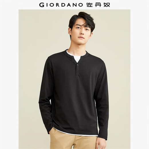 Giordano Henley shirt men's pure cotton solid color bottoming shirt men's Henley collar long-sleeved T-shirt men 01024821