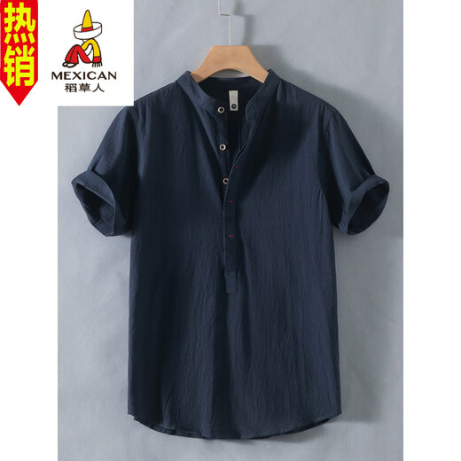 Scarecrow (MEXICAN) Henry collar linen short-sleeved shirt men's collarless men's cotton and linen shirt t-shirt top polo shirt summer Chinese style RC210 black M
