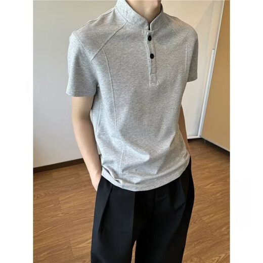 Mo Xiaodao American retro right shoulder short-sleeved men's summer cleanfit Henry collar t-shirt men's slim sports top polo shirt light gray L recommended 100-120Jin Jin equals 0.5 kg