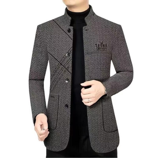 FELALWEN autumn and winter coat stand collar jacket business temperament casual winter men's slim stand collar tunic jacket gray 2XL 130-145Jin Jin equals 0.5 kg