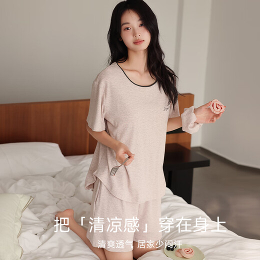 MiiOW Modal Pajamas for Women Winter New Thin Style with Padded Short Sleeves Large Size Cotton Silk Home Clothes with Hair Tie Rice Apricot Gray L