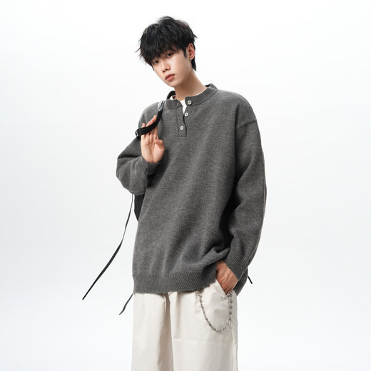 Carew micro Henry collar sweater men's large size student outdoor loose lazy style knitted sweater with warm base layer for men light gray M