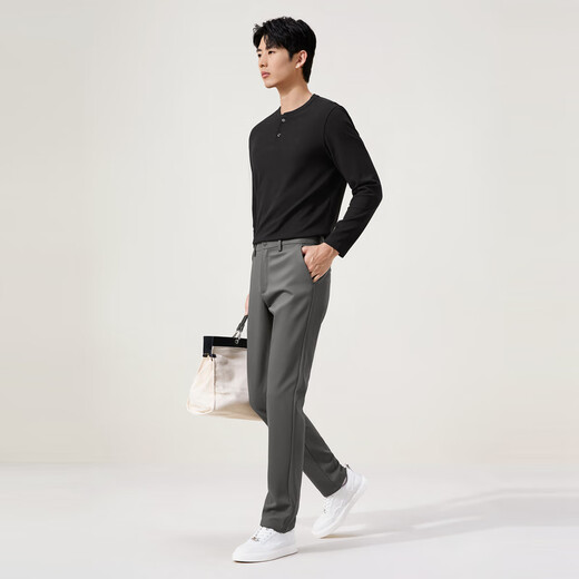 Qipai Men's Waffle Long Sleeve T-shirt 2025 Autumn New Fashion Casual Henry Collar Xinjiang Cotton Half Cardigan T-shirt Men Black Waffle, Xinjiang Cotton L 175/92A