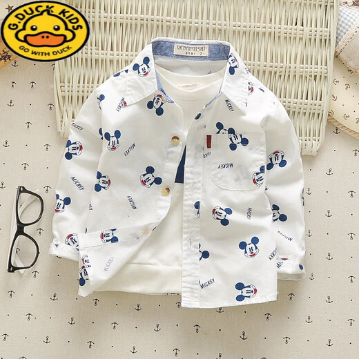 G.duck pure cotton boys long-sleeved shirt 2026 autumn children's shirts baby tops children's baby spring and autumn coats children's clothing Mickey white 120 label 12 recommended height around 110