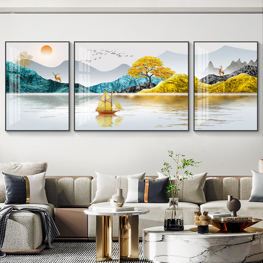 
Yonghuan Fulu Light Luxury Living Room Decoration Painting Simple Modern Sofa Background Wall Hanging Painting Atmospheric Mural Landscape Painting Wall HJ3893 Smooth sailing Suitable for both sides of the sofa below two meters + 70x50 in the middle 35mm thick aluminum alloy frame + tempered high-gloss Korean crystal Prestige black frame