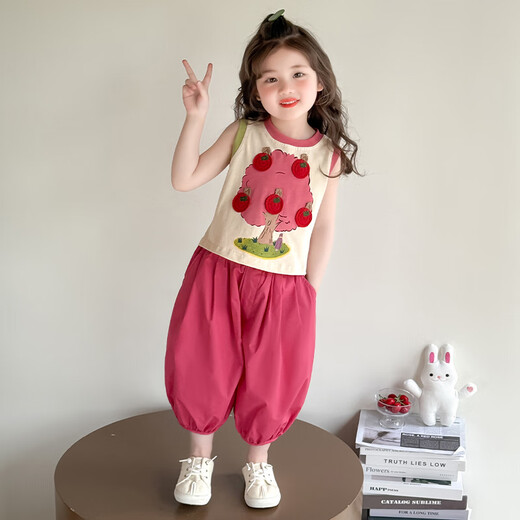 Qiyuxin Kinderkleidung Mädchen Weste Set Sommer 2025 Neue Mädchen ärmellose Top Bloomers Zwei-teilige Bildfarbe 110 (geeignet für Höhe 100-110 cm)