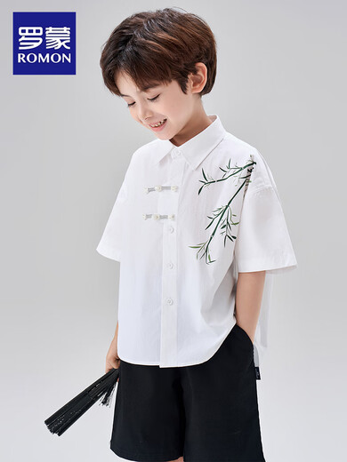 Luo Meng Children's New Chinese Style Bamboo Short Sleeve Shirt Summer Boys National Style Shirt Boys Middle and Large Children Ancient Style Versatile White Short Sleeve New Chinese Style 100% Cotton 150 cm Recommended Weight 70-92Jin Jin is equal to 0.5 kg