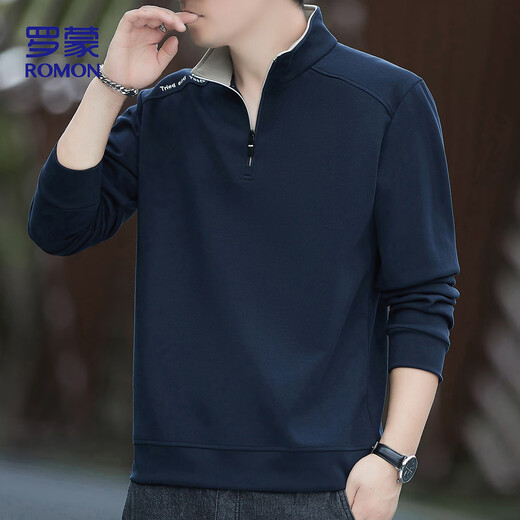 Romon sweatshirt men's autumn business casual loose comfortable half cardigan executive top bottoming shirt 7788 Qing 2XL