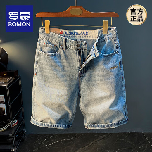 
ROMON Summer Casual Shorts Men's Large Size Light Color Pure Cotton Five-Part Jeans Trendy Embroidery High-end Men's Straight-Part Mid-Part Blue [XY9922] 34 Suitable for weight 160-168Jin [Jin equals 0.5 kg]