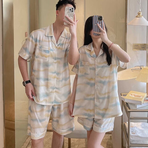 Cardigan couple pajamas women summer air conditioning clothes rayon home clothes cotton silk men can be worn outside short-sleeved cotton silk suit thin 9902 tie-dyed amber XL