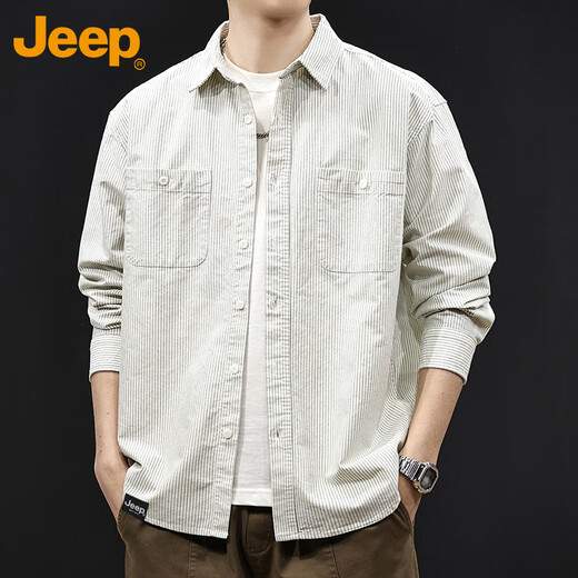 JEEP吉普衬衫男士长袖秋冬季条纹宽松休闲工装外套衣服男装 白色 2XL