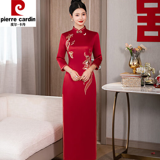 Pierre Cardin's new acetate satin cheongsam red double-layer Chinese style retro long wedding banquet toast dress for grandma M's burgundy 4XL recommended 135-150 Jin Jin equals 0.5 kg