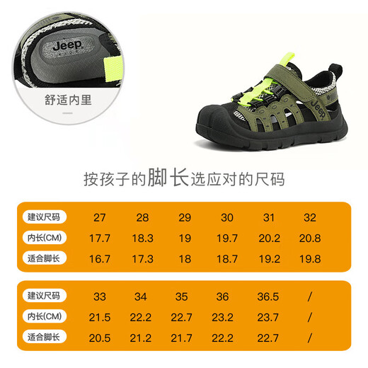 Jeep children's sandals summer new model for large children Jeep children's shoes non-slip boys and girls outdoor non-slip breathable beach shoes military green 28 shoes inner length about 18.3cm