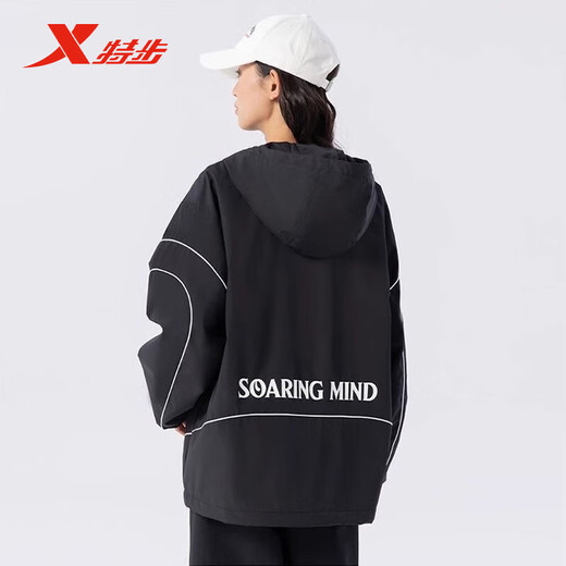 特步外套女2025年秋季新款户外运动休闲服防风透气时尚百搭连帽夹克 正黑色 XS