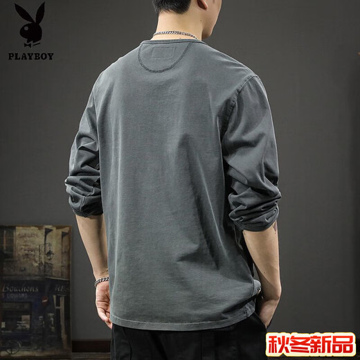 Playboy (PLAYBOY) 2025 new casual men's versatile long-sleeved T-shirt, loose and thin, spring and autumn trendy brand Henry collar bottoming shirt, sweatshirt, Khaki M _ Recommended 86-100Jin Jin is equal to 0.5 kg