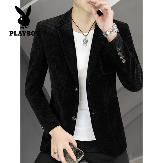 Playboy (PLAYBOY) Corduroy Blazer Spring and Autumn Men's Casual Korean Style Slim Fashion Handsome Small Suit Single-piece Top Black 4XL