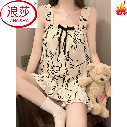 浪莎（LangSha）带胸垫睡衣女士夏季复古国风少女吊带两件套装夏天家居服2025新款 B9721 紫色小花 带.胸垫 M