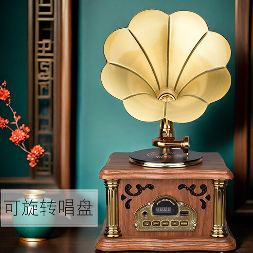 Jinmo Retro Mini Gramophone Large Speaker Bluetooth Small Audio Antique Speaker Multi-Functional Creative Gift Ornament Brown Charging Plug-in Dual-Purpose - Rotating Turntable to Send Music U Disk