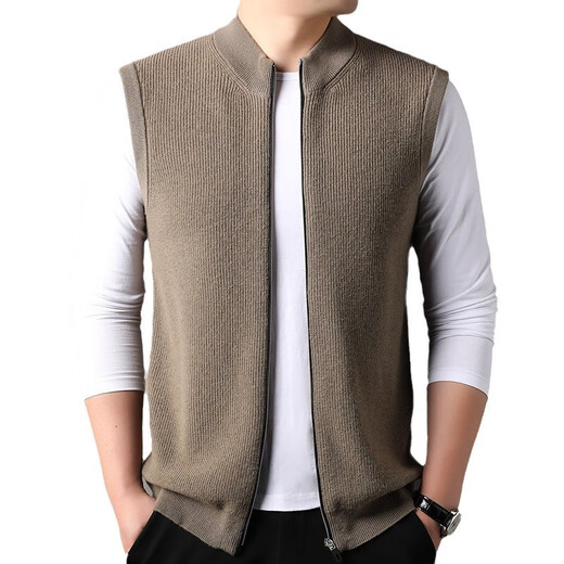 100% pure wool cardigan vest men's stand-up collar sweater vest Puyuan sweater waistcoat sleeveless top for young and middle-aged people dark blue gray 2XL 185/100A