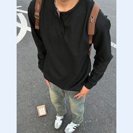 Pierre Cardin (pierre cardin) black American Henry collar sweatshirt men's summer waffle long-sleeved T-shirt is cool and handsome inner layering shirt black M 105-120Jin Jin is equal to 0.5 kg
