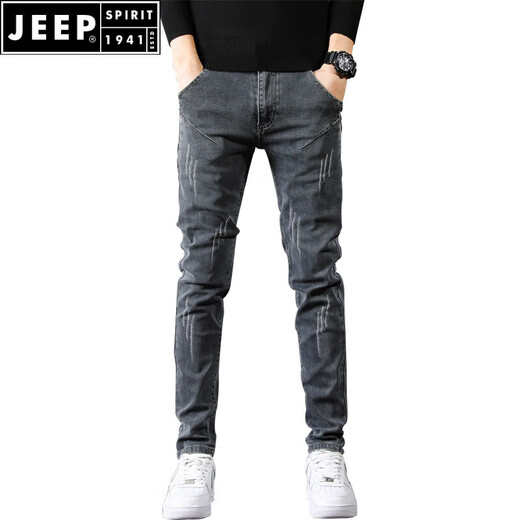 JEEP SPIRIT2025 New Jeans Men's Slim Foot Summer Tight Men's Pants Summer Thin Straight Pants Men's Pants ssnz-6636 Gray Spring and Autumn Style Without Velvet 31