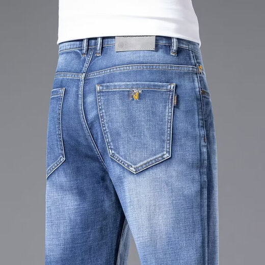 雅鹿牛仔裤男春秋季直筒宽松弹力商务休闲长裤男士潮牌百搭男装裤子 浅蓝色 31