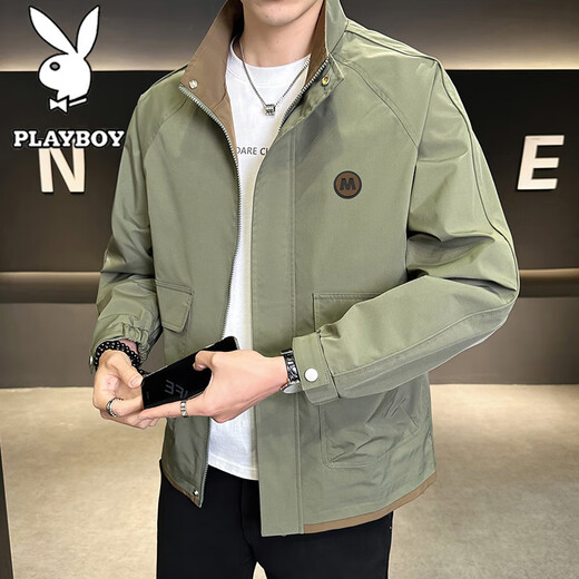 PLAYBOY Jacket Men's Spring and Autumn Thin Large Size Casual Workwear Stand Collar Versatile Loose Long Sleeve Jacket Black L