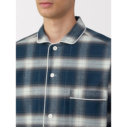 MUJI side seamless flannel pajamas men's home wear winter dark blue plaid 5A L