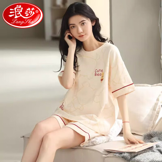 Langsha Pajamas (Langsha) Женские летние хлопковые шорты с короткими рукавами можно носить на внешнем наборе новой хлопковой домашней одежды 9855 Аутентичный 100% чистый хлопковой размер, рекомендуемый носить 80-100 Jin [Jin равен 0,5 кг]