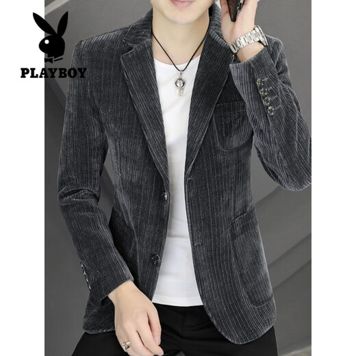 Playboy (PLAYBOY) Corduroy Blazer Spring and Autumn Men's Casual Korean Style Slim Fashion Handsome Small Suit Single-piece Top Black 4XL