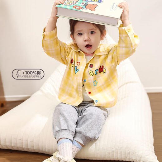 LUSON Little O Dad Baby Girl Baby Girl Shirt Long Sleeve 2025 Autumn New Style Baby Plaid Style Lapel Jacket Yellow Plaid Ready Stock 73