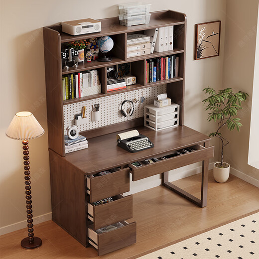 Huixun solid wood desk bookshelf integrated table home student bedroom hole board storage computer table living room study table black walnut color #desk + bookshelf + soft package Trump chair *1 120cm*60cm*75cm total height 190cm