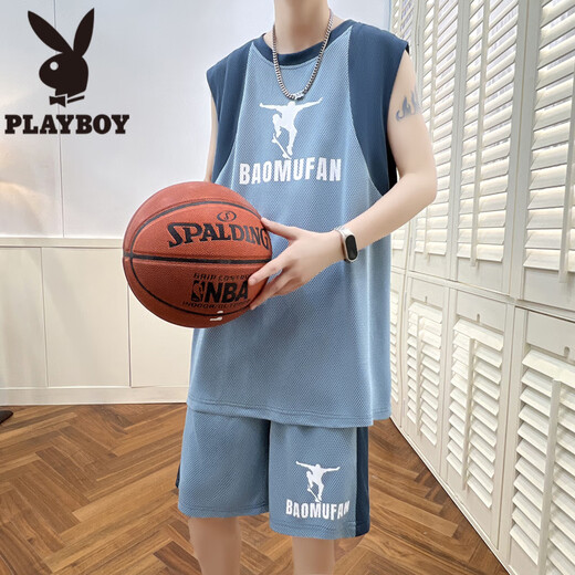 Playboy (PLAYBOY) ice silk sleeveless T-shirt boy 12-15-year-old teenagers quick-dry basketball uniform 13 children's vest sports suit 6636 blue (vress + shorts) quality assurance 3XL 160-180Jin [Jin equals 0.5 kg]