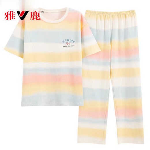 Pajamas de yalu para mujeres en primavera y verano algodón puro pantalones de manga corta delgada coreana lindo arco irbow contrastante de color de ropa para el hogar Z9711 XL [recomendado 120-140Jin [Jin iguala 0.5 kg] desgaste]
